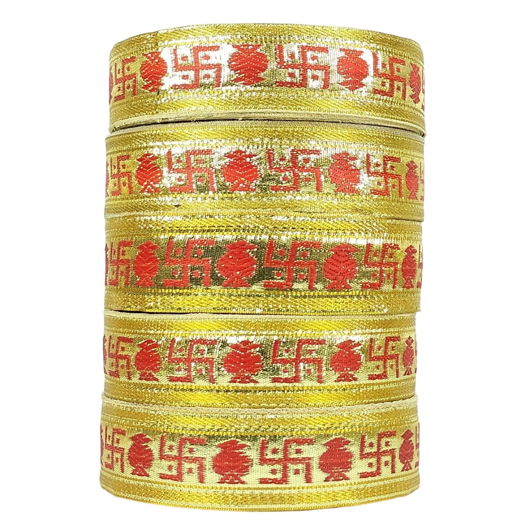 Gold ribbons with red and white patterns on a white background